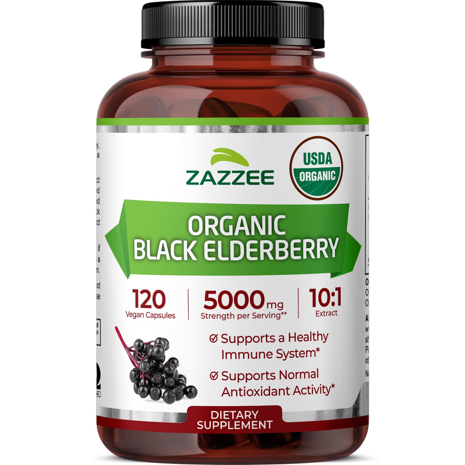 Zazzee Organic Black Elderberry Extract 120 capsules front view