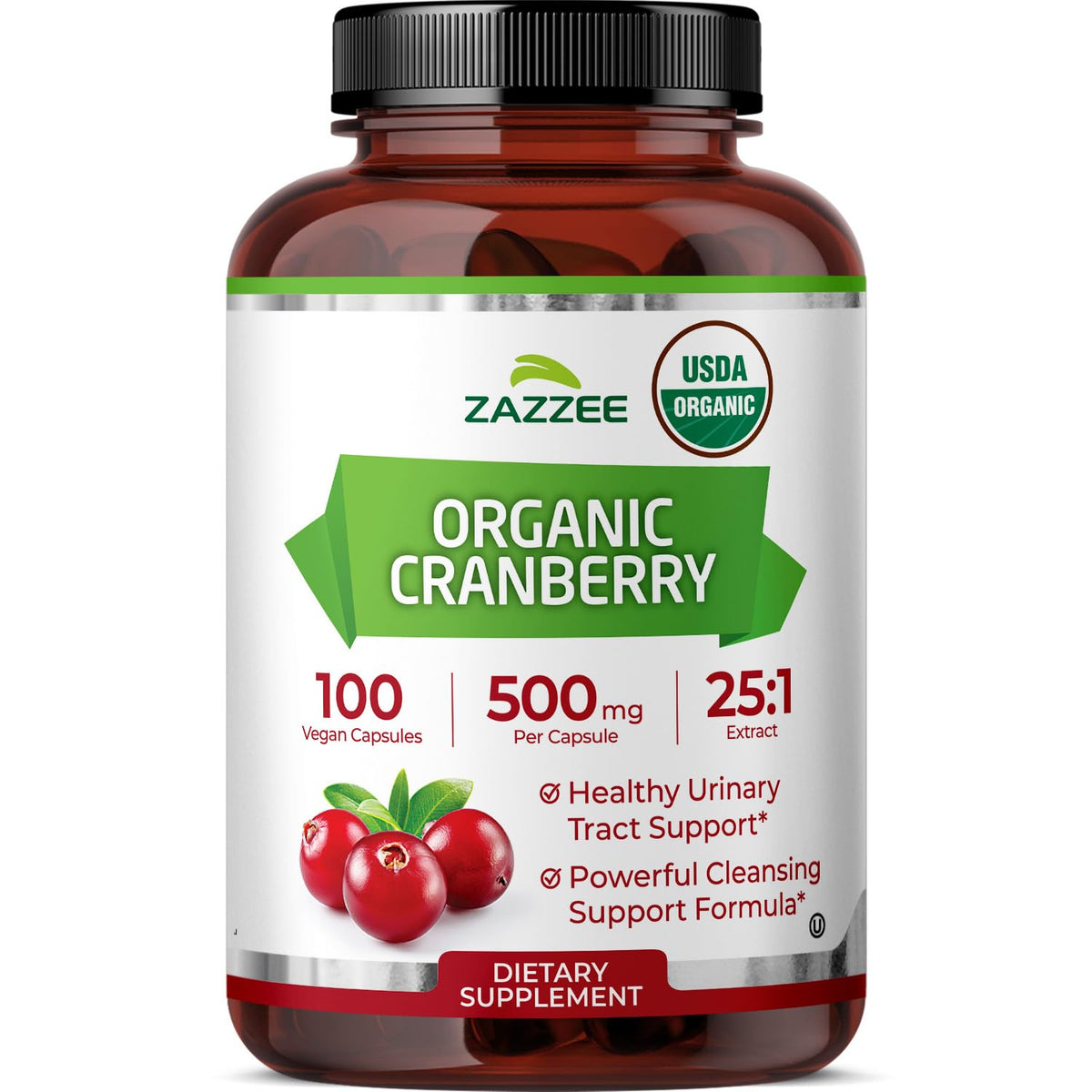 Zazzee Organic Cranberry Capsules 500mg bottle front view