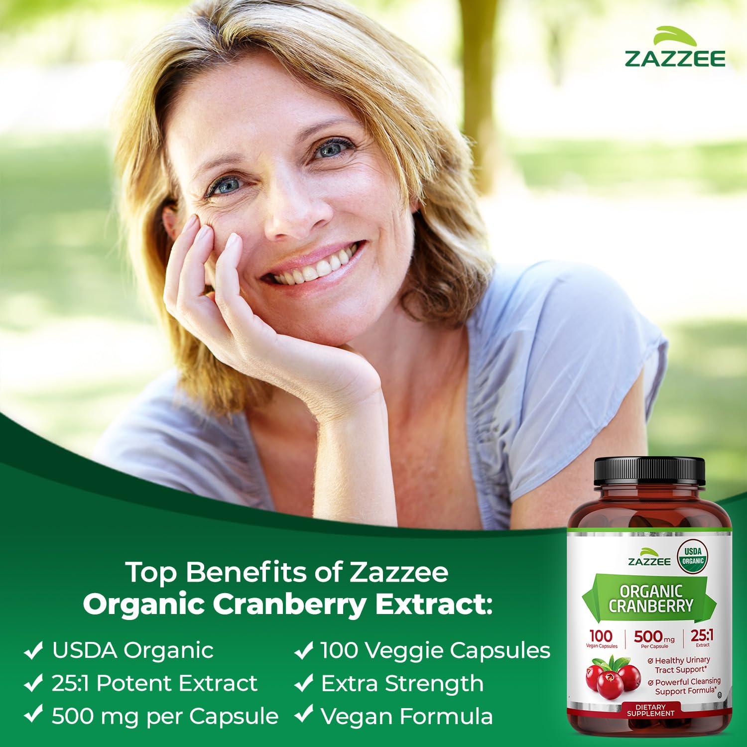 Zazzee Organic Cranberry Capsules 500mg bottle top view