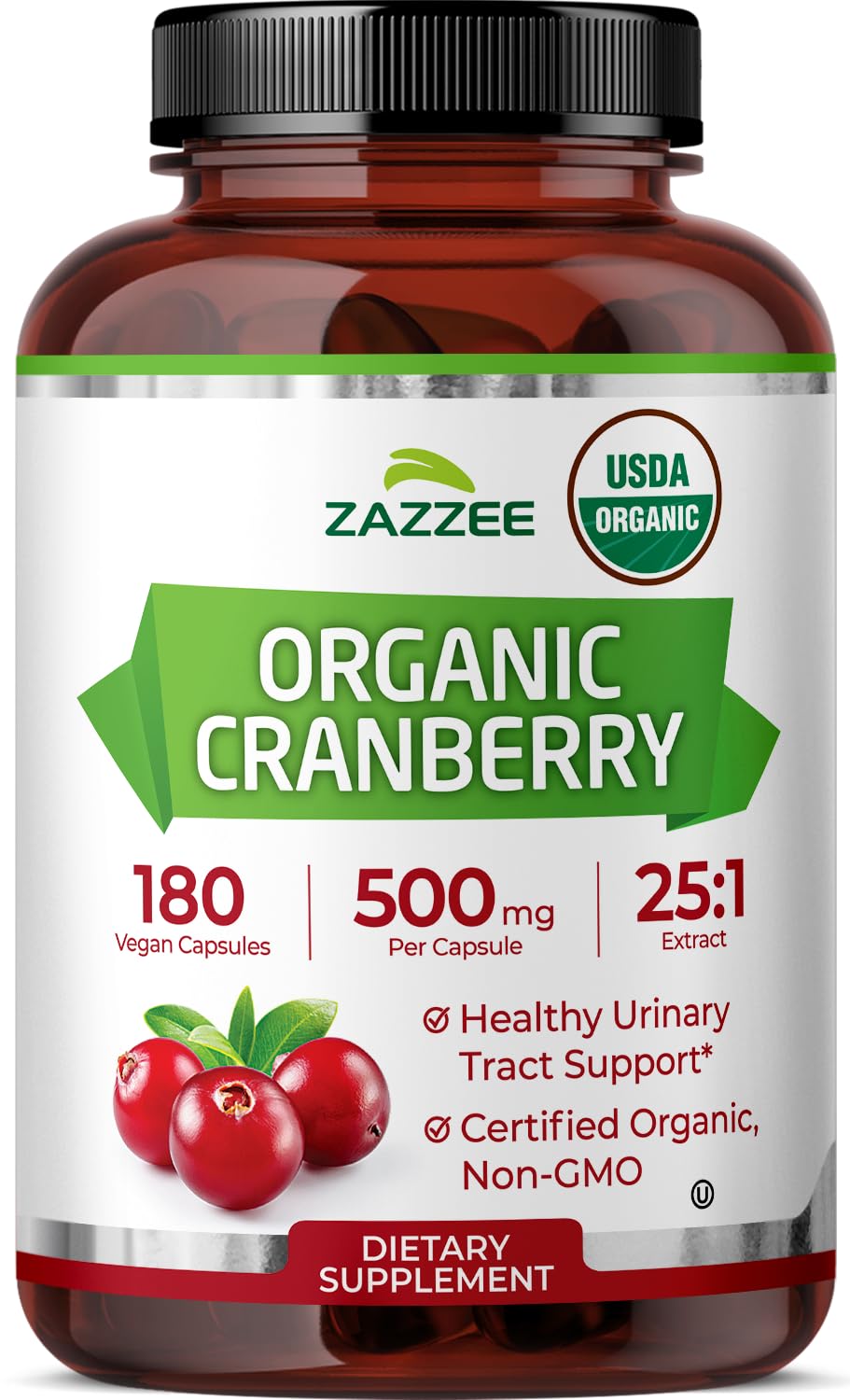 Zazzee Organic Cranberry Extract 180 capsules front view