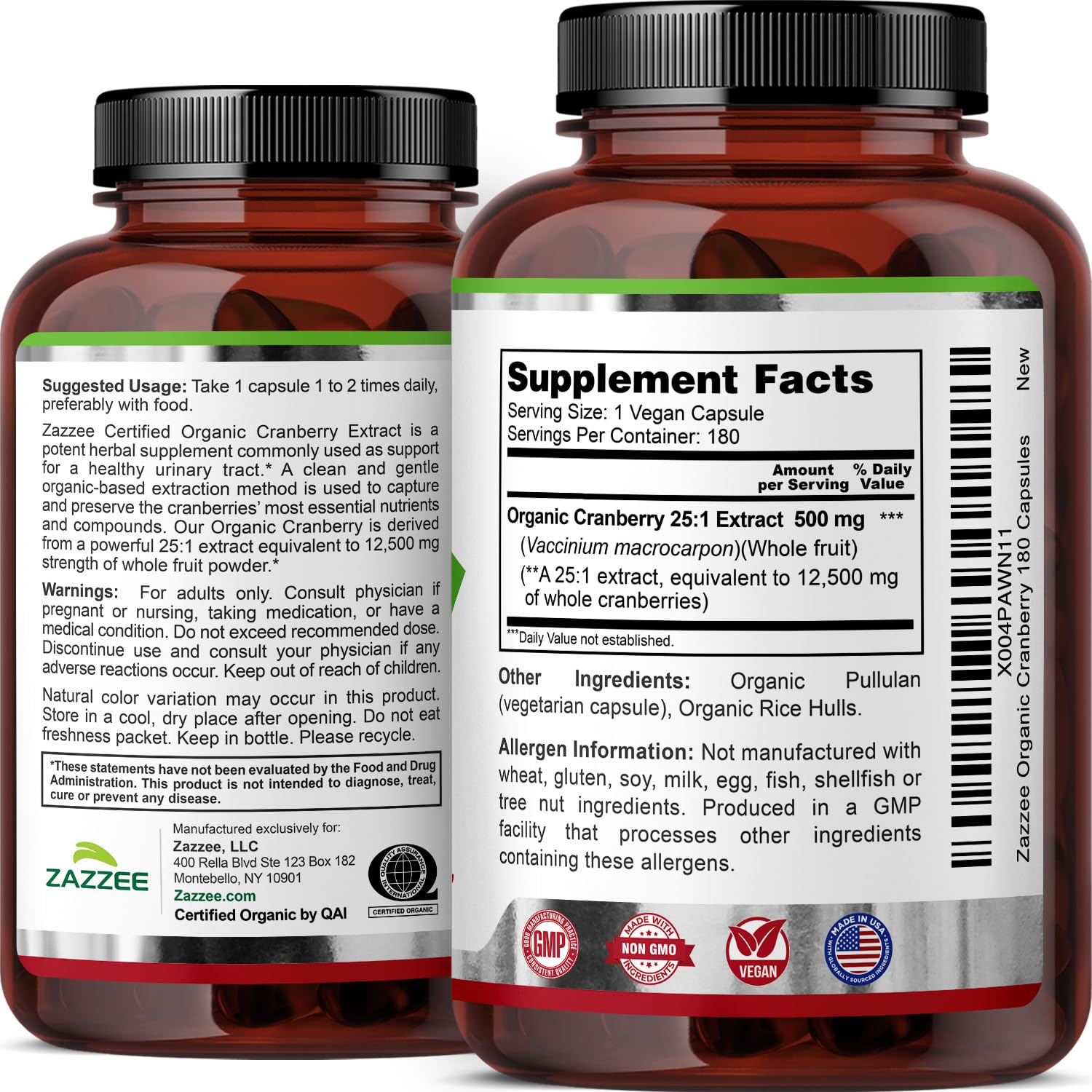 Zazzee Organic Cranberry Extract bottle with green leaves
