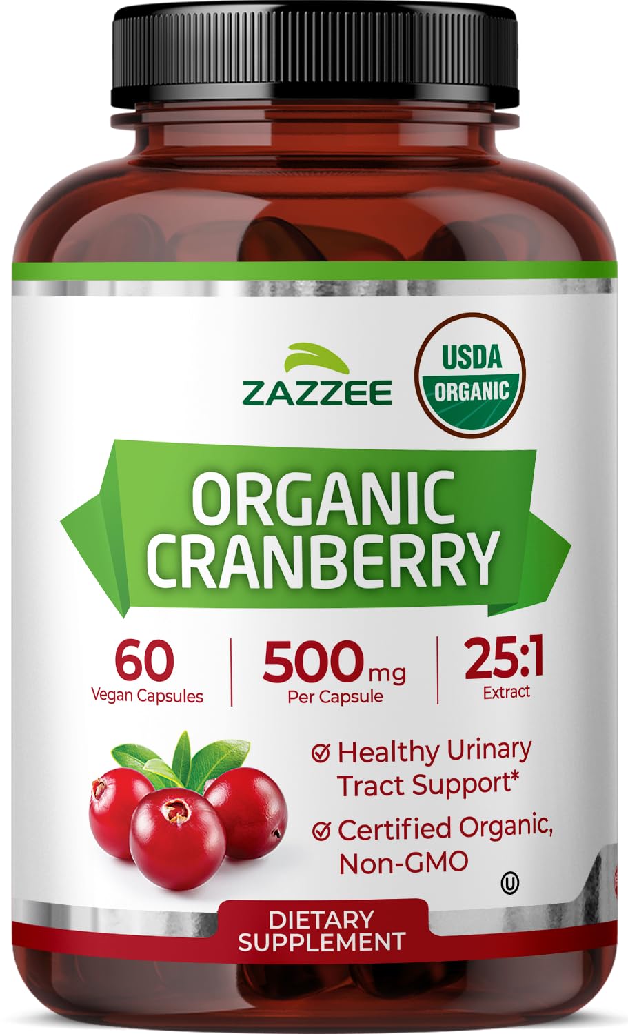 Zazzee Organic Cranberry Extract Capsules 500mg bottle front view