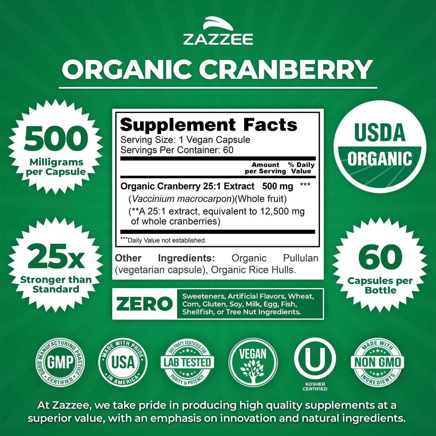 Zazzee Organic Cranberry Extract Capsules 500mg close-up of capsules
