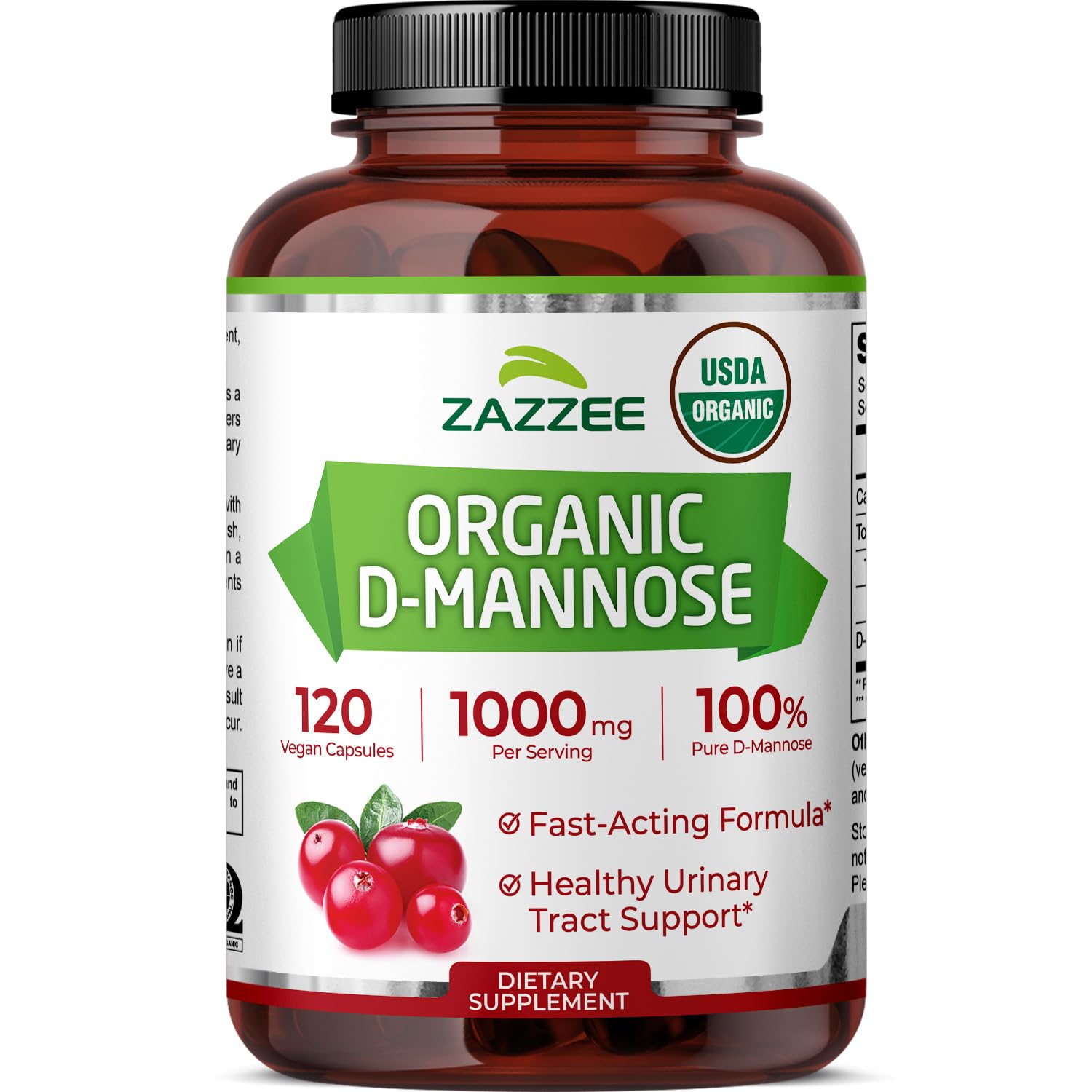 Zazzee Organic D-Mannose Capsules 120 Count bottle front view