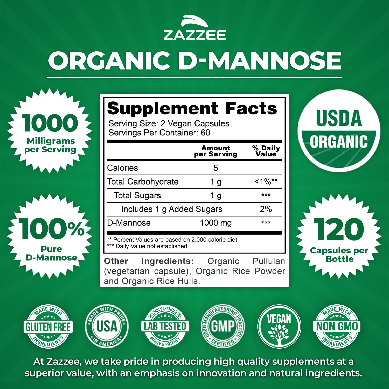 Zazzee Organic D-Mannose Capsules bottle with a measuring spoon