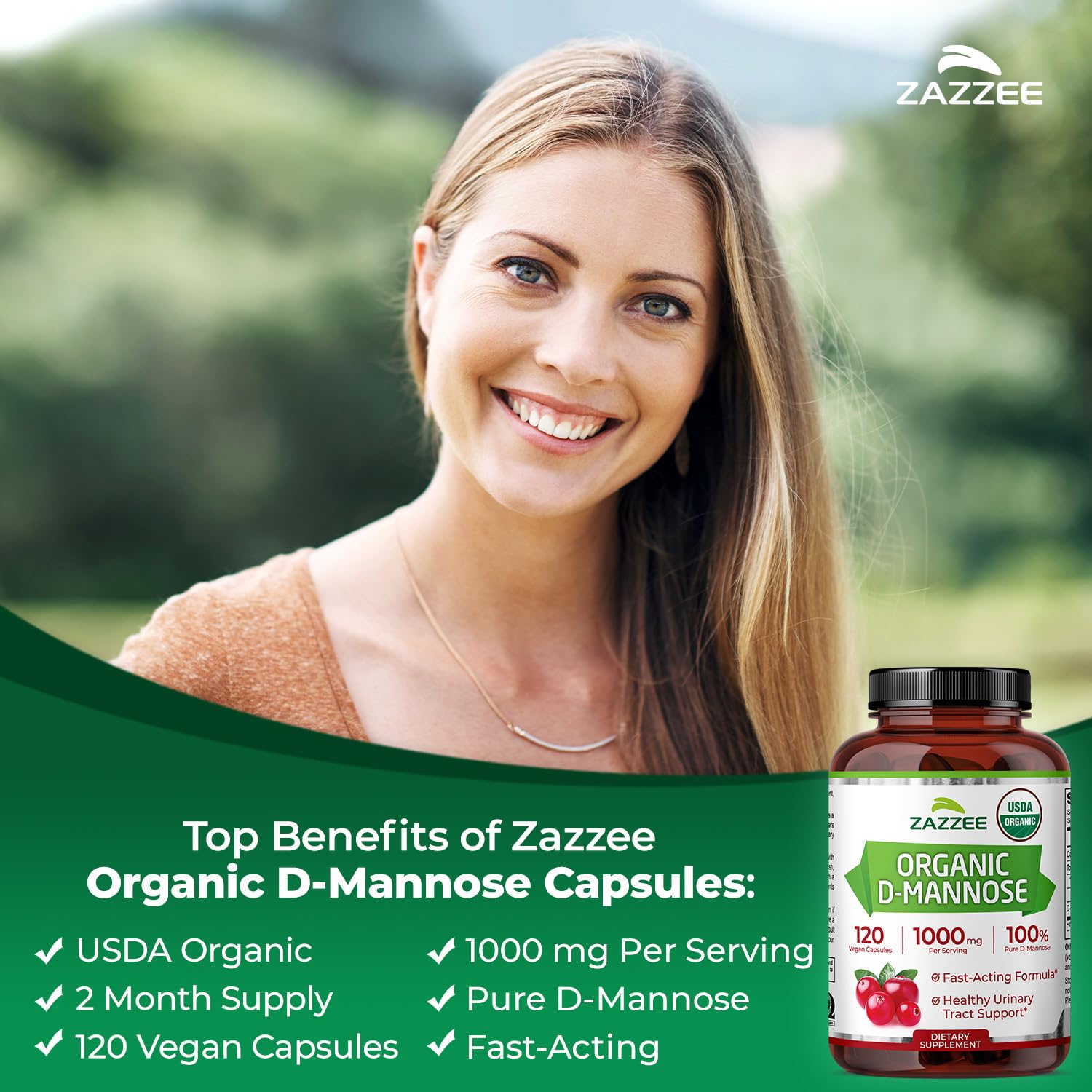 Zazzee Organic D-Mannose Capsules with a close-up of the capsules