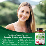 Zazzee Organic D-Mannose Capsules with a close-up of the capsules