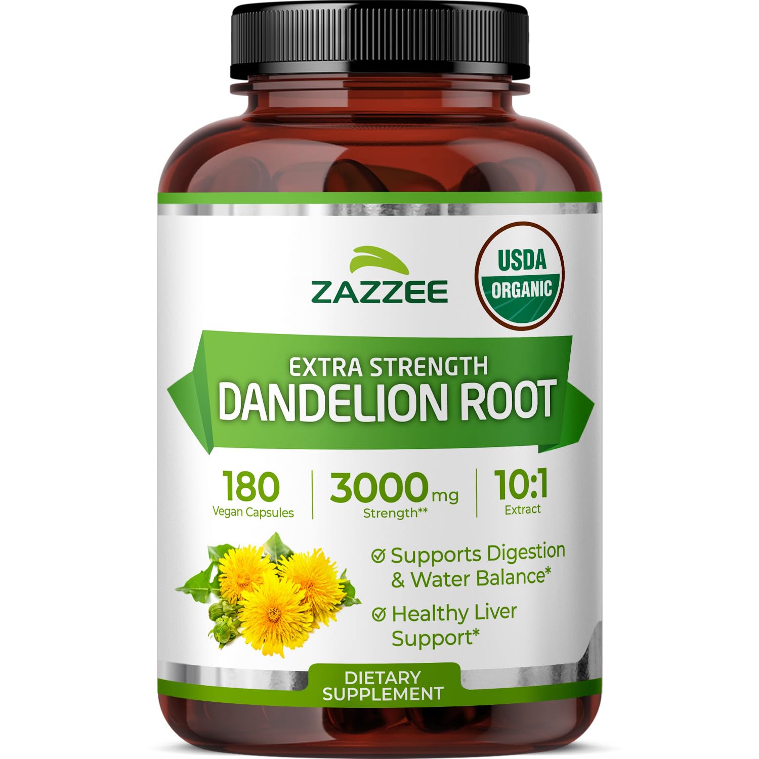 Zazzee Organic Dandelion Root Extract 180 capsules front view