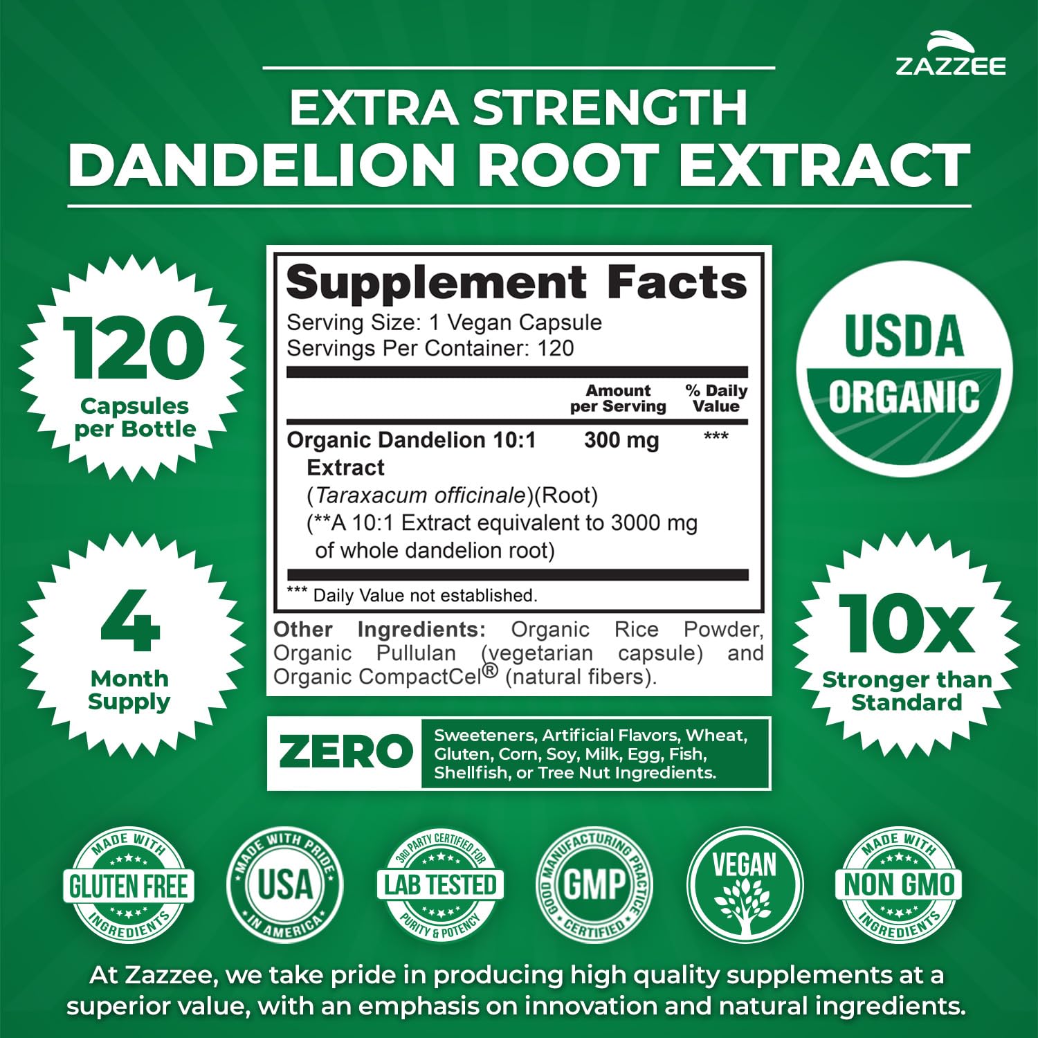 Zazzee Organic Dandelion Root Extract capsules close-up