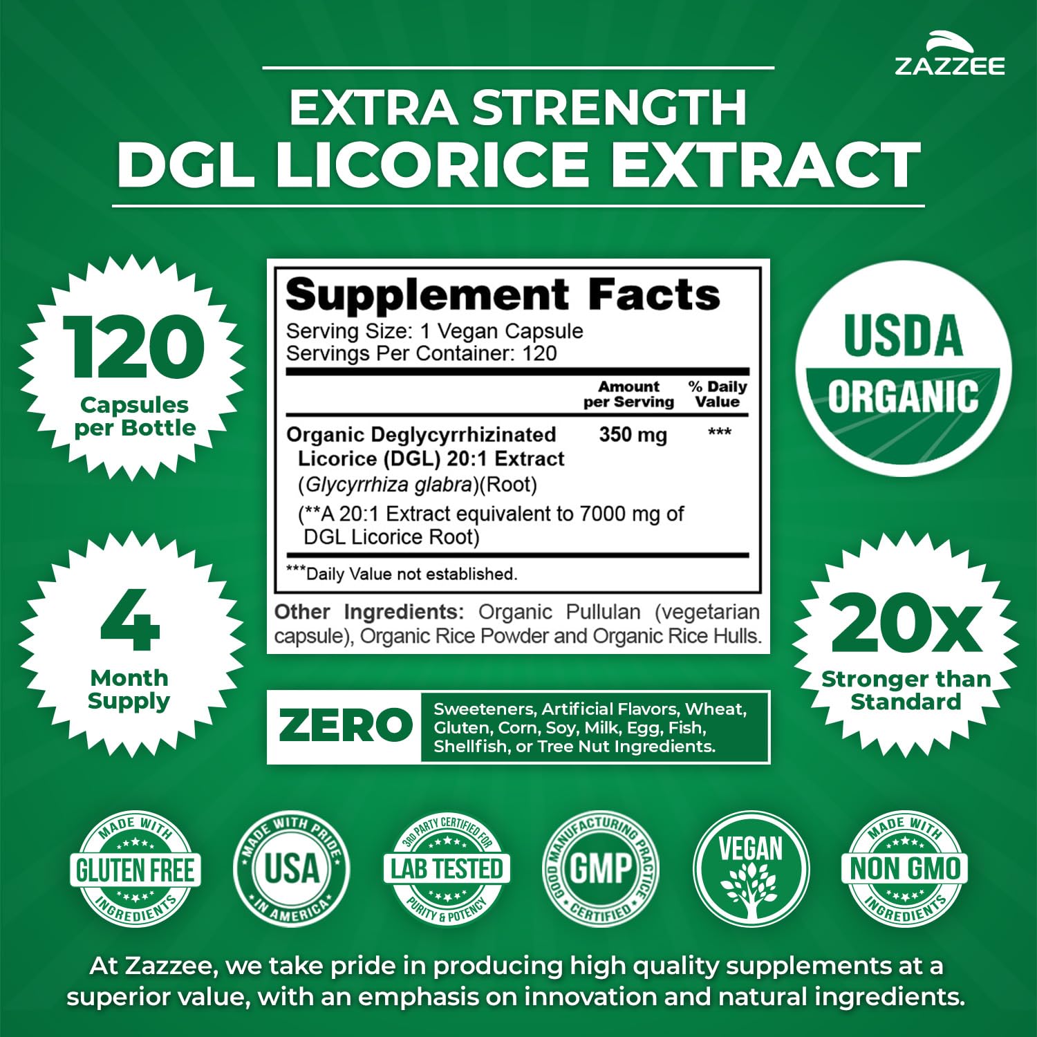 Zazzee Organic DGL Licorice Extract capsules close-up