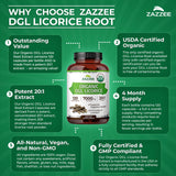 Zazzee Organic DGL Licorice Extract capsules on a wooden table