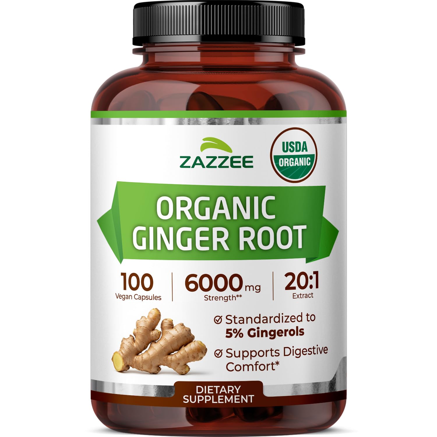 Zazzee Organic Ginger Root Extract 100 capsules front view