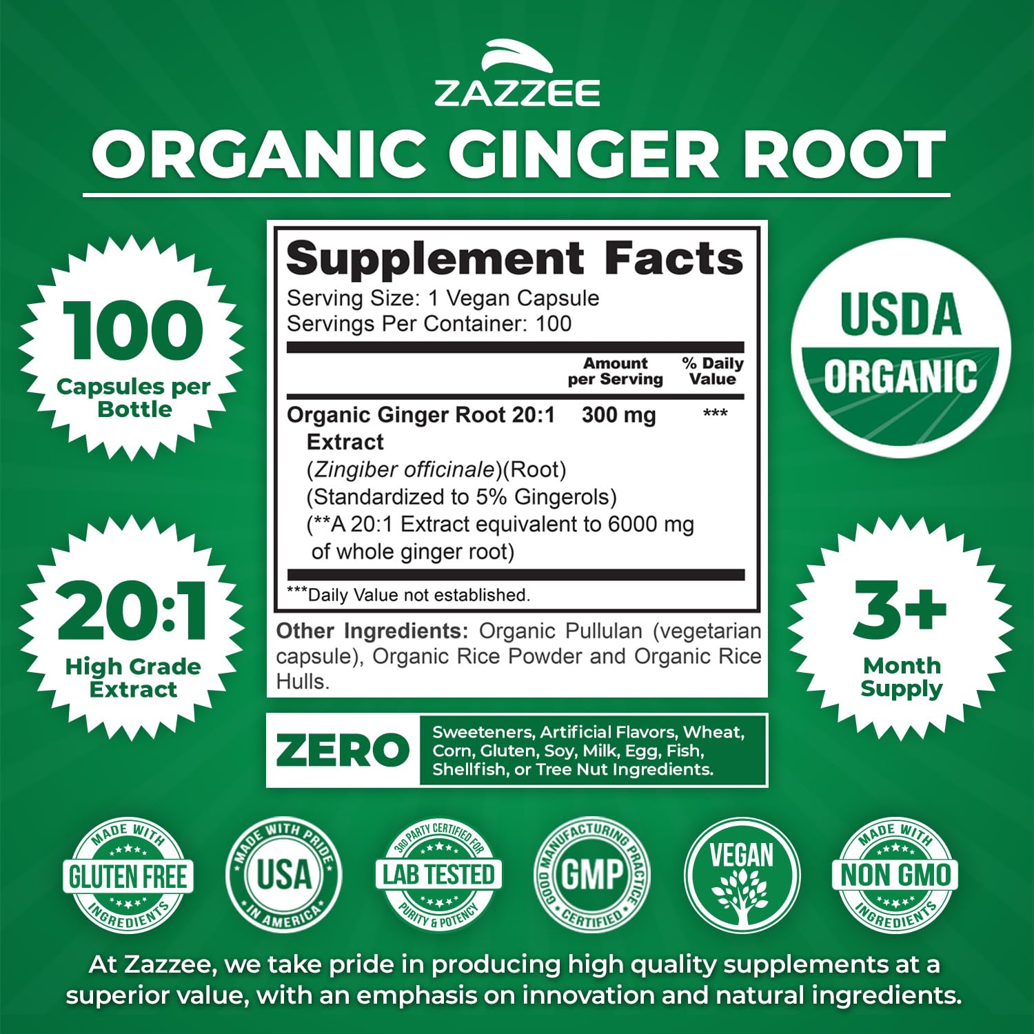 Zazzee Organic Ginger Root Extract capsules on a wooden table
