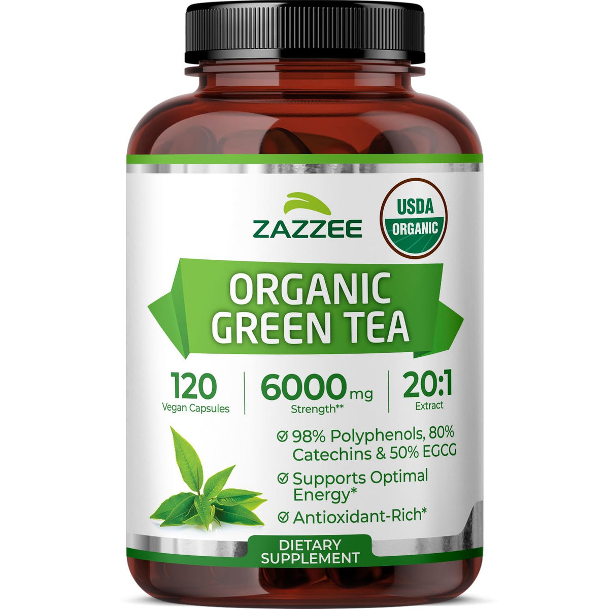 Zazzee Organic Green Tea Extract Capsules bottle front view