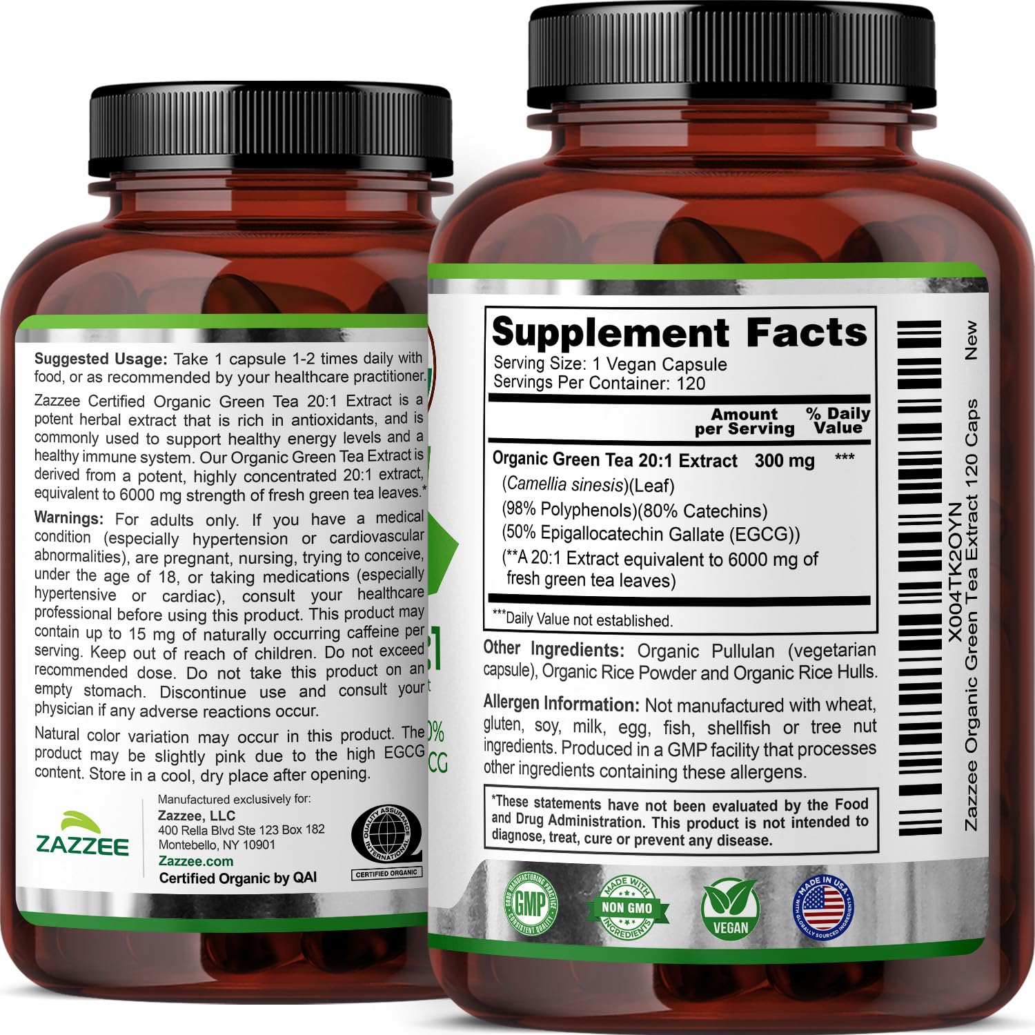 Zazzee Organic Green Tea Extract Capsules opened bottle showing capsules