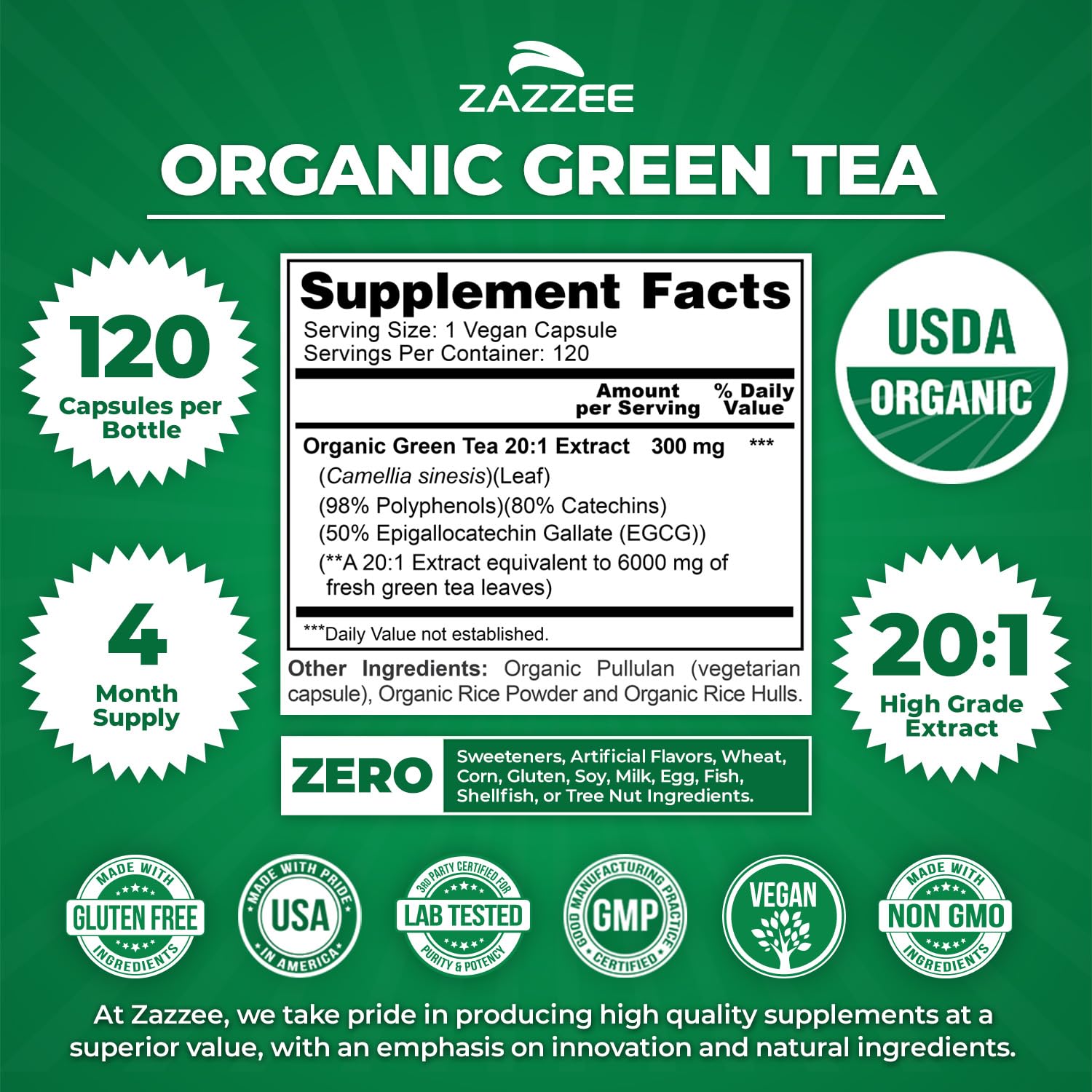 Zazzee Organic Green Tea Extract Capsules showing capsule size