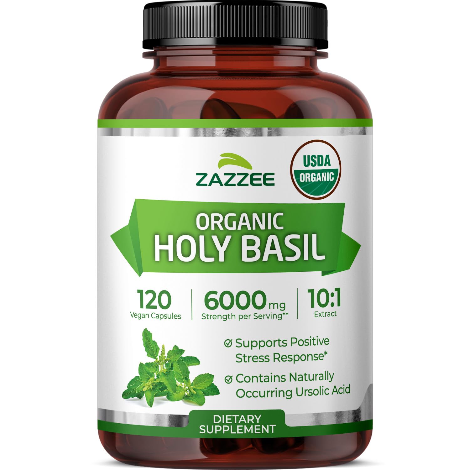 Zazzee Organic Holy Basil Extract 10:1 120 Capsules front view
