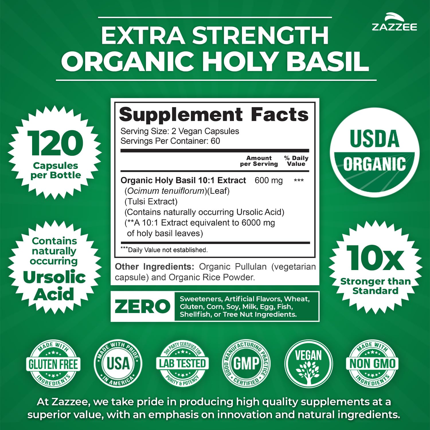 Zazzee Organic Holy Basil Extract 10:1 capsules close-up