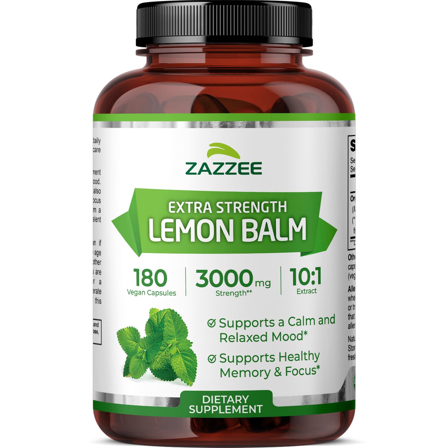 Zazzee Organic Lemon Balm Extract 180 capsules front view
