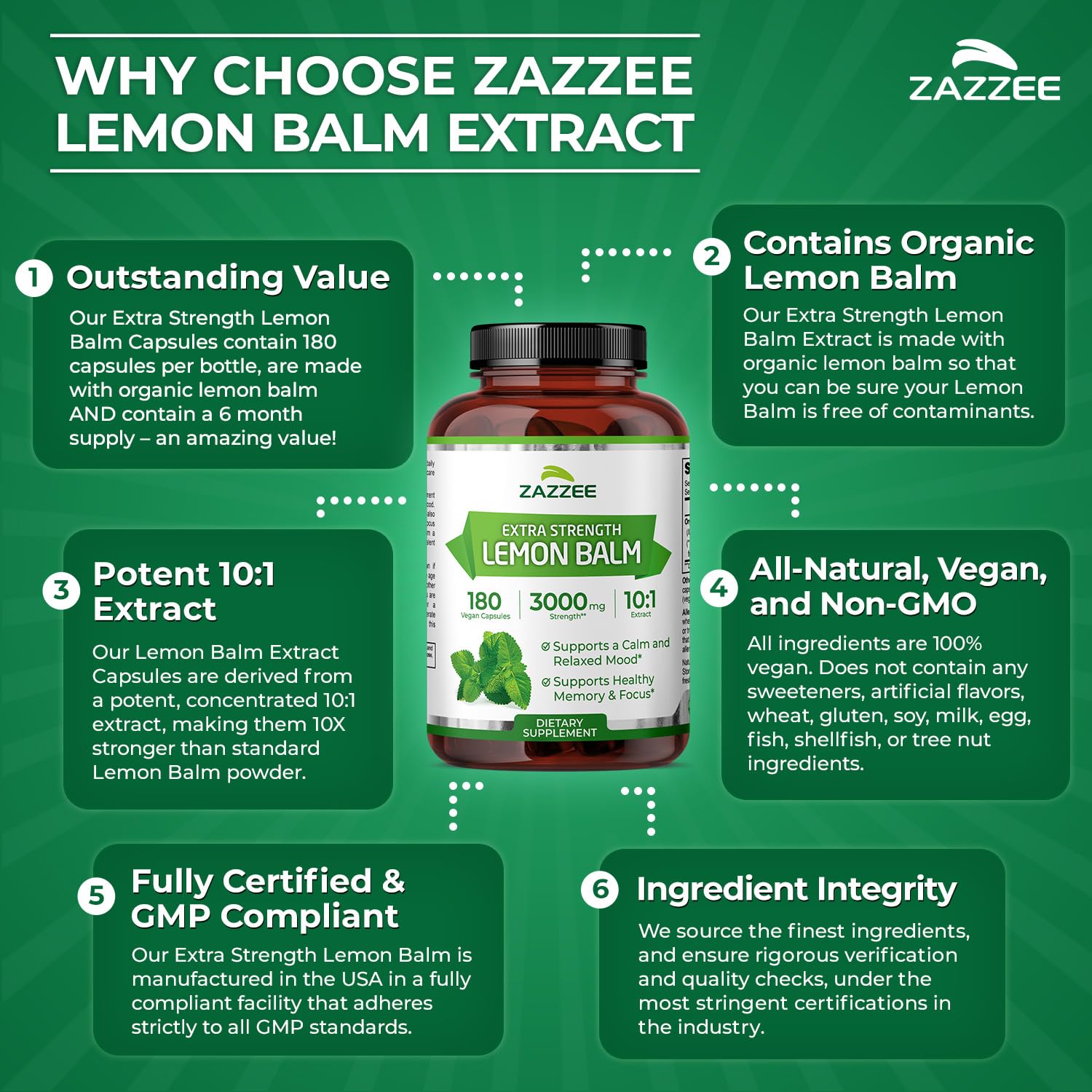 Zazzee Organic Lemon Balm Extract bottle side view