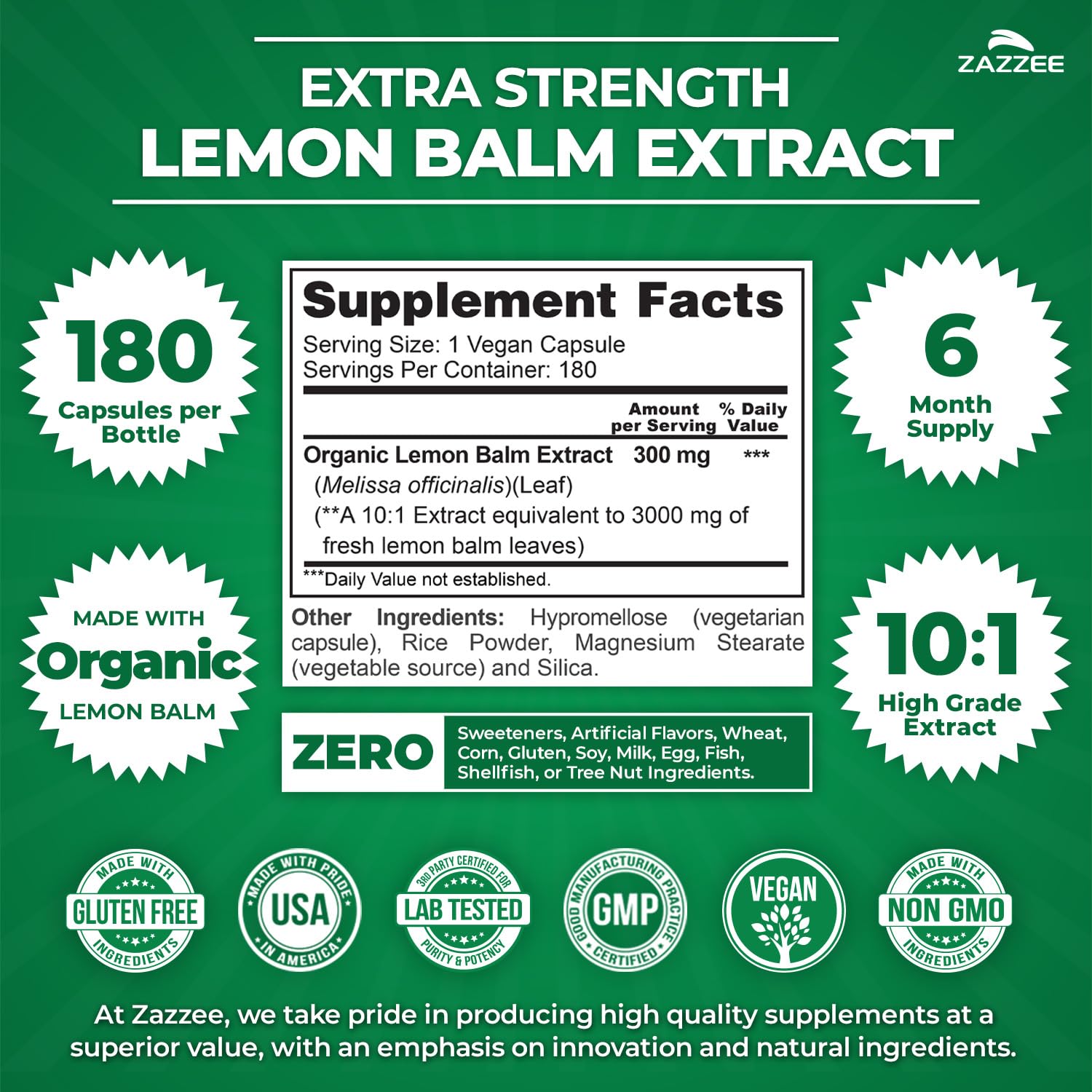 Zazzee Organic Lemon Balm Extract bottle with label