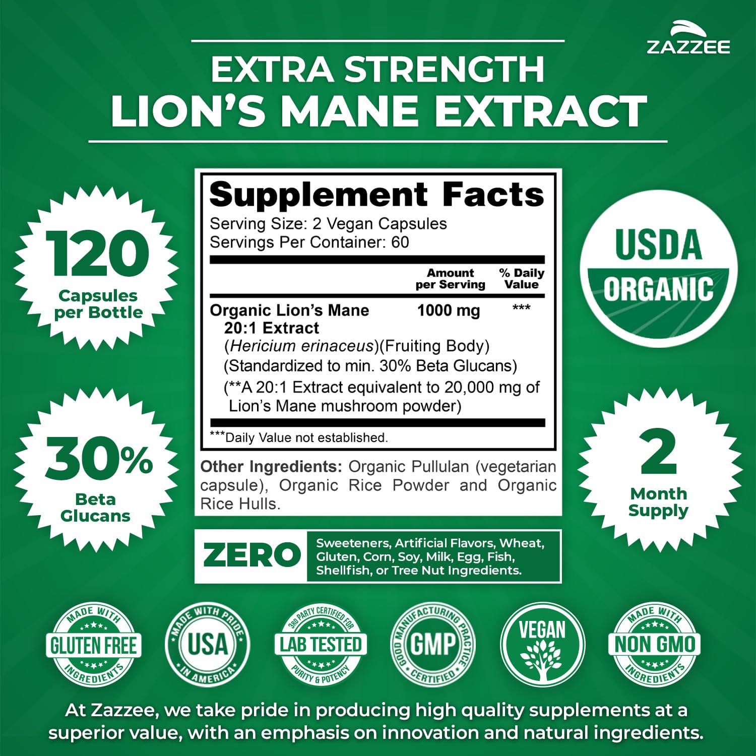 Zazzee Organic Lion’s Mane Extract capsules close-up