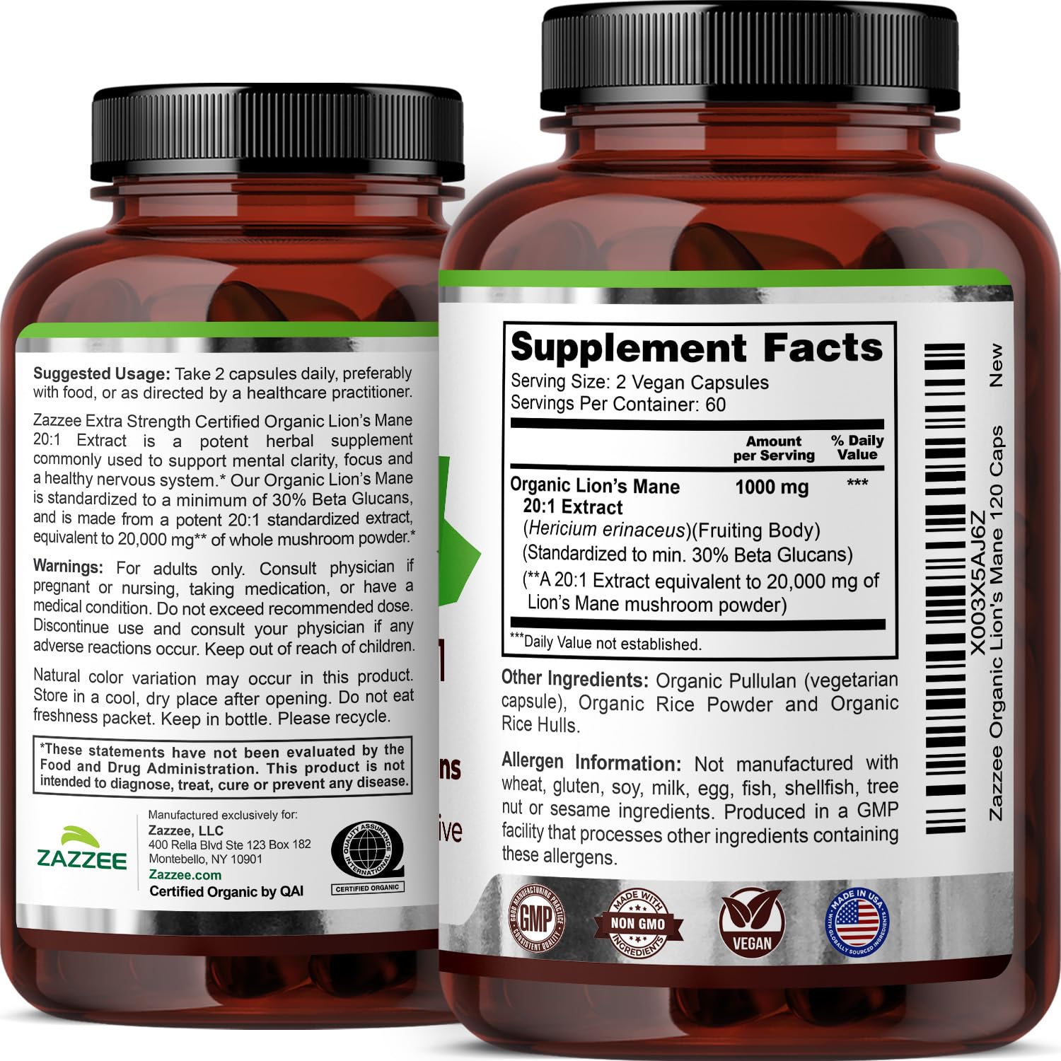 Zazzee Organic Lion’s Mane Extract nutritional information