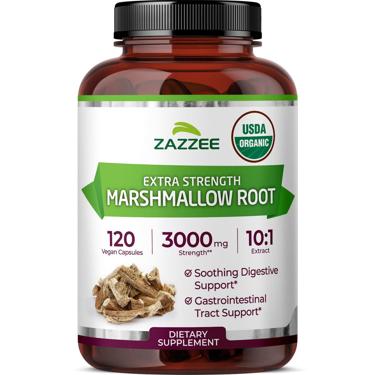 Zazzee Organic Marshmallow Root Extract 120 Capsules front view