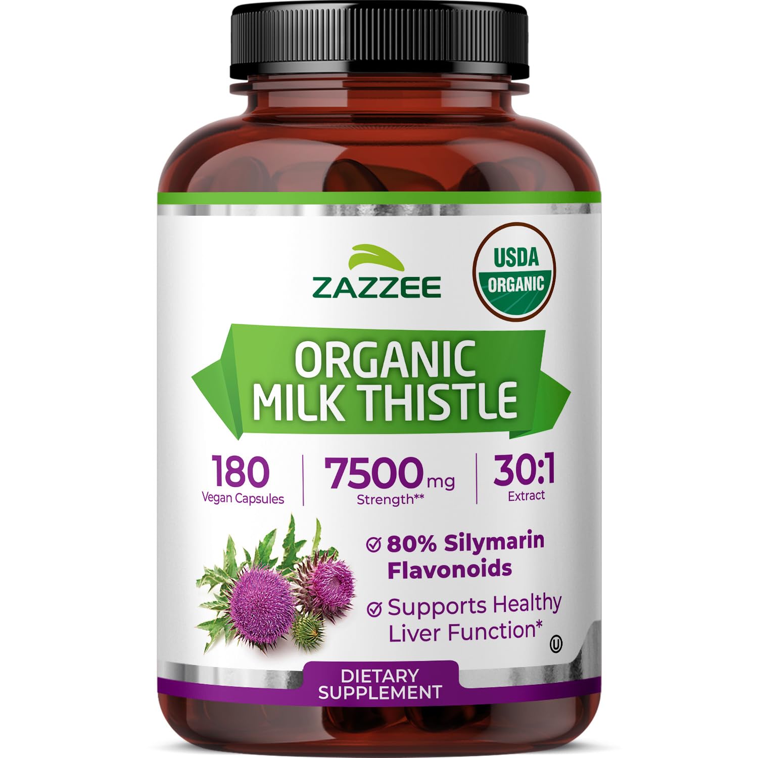Zazzee Organic Milk Thistle Capsules 180 count bottle front view