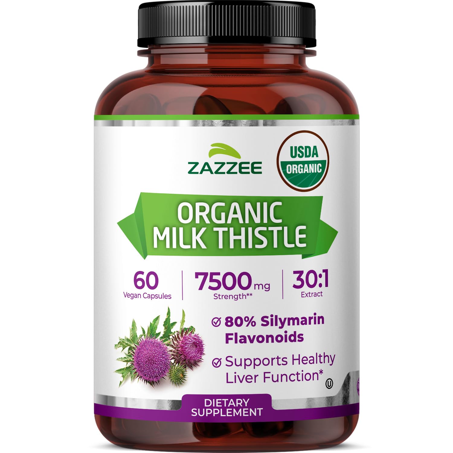 Zazzee Organic Milk Thistle Capsules 60 Count front view