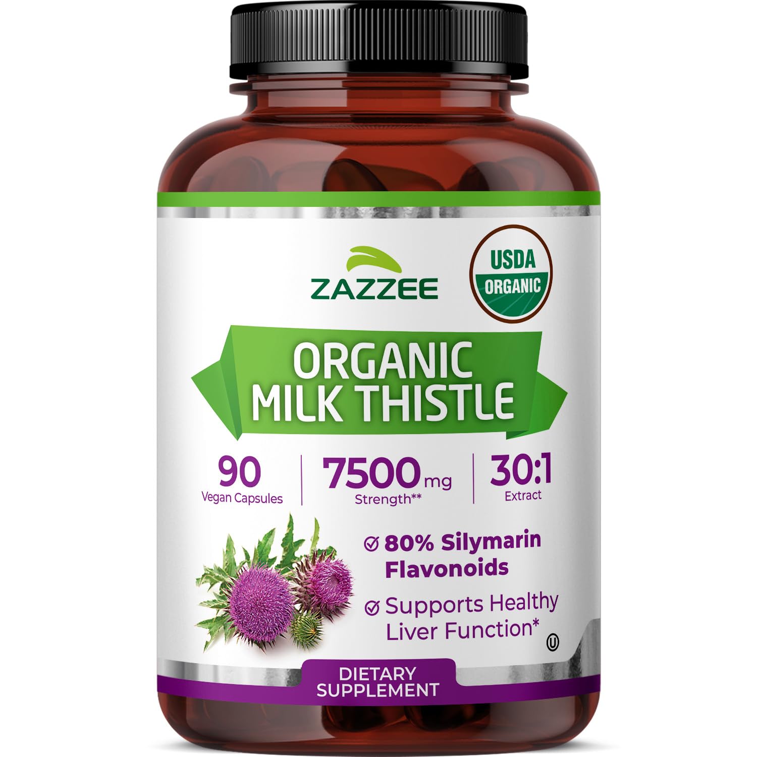 Zazzee Organic Milk Thistle Capsules 90 Count bottle front view