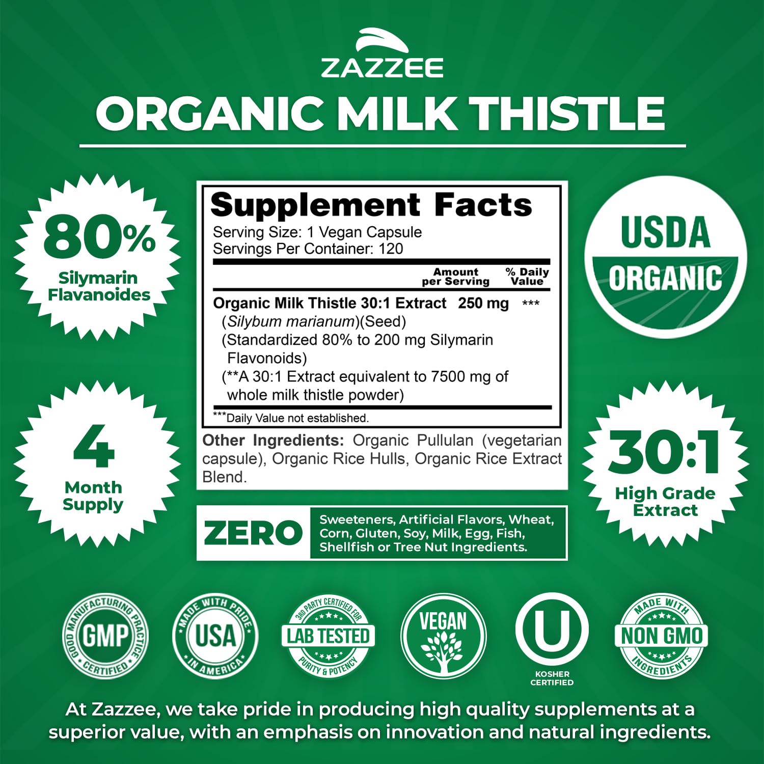 Zazzee Organic Milk Thistle Capsules showing capsule size