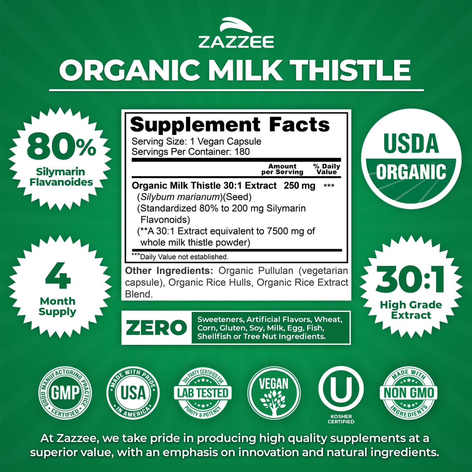 Zazzee Organic Milk Thistle Capsules with dosage information