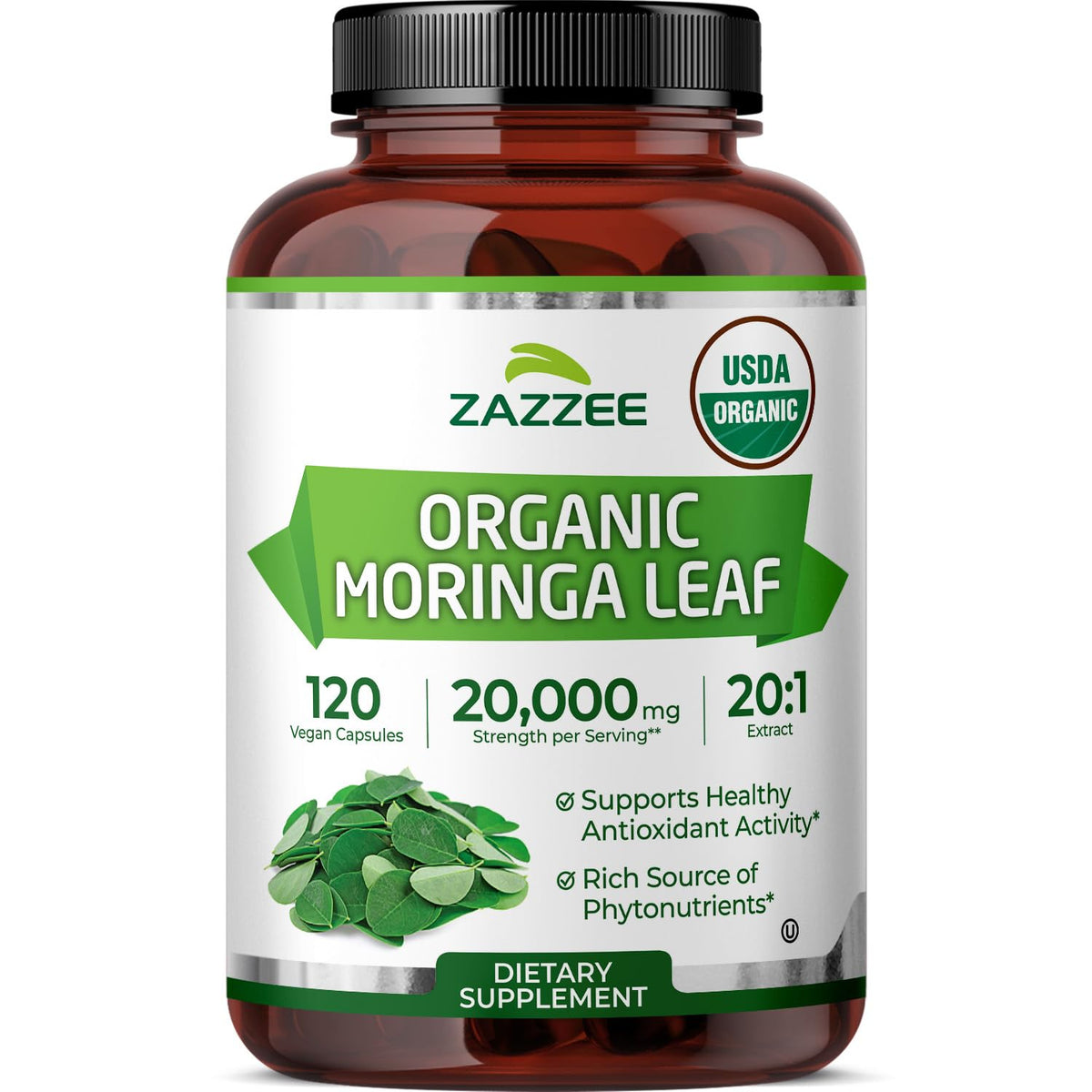 Zazzee Organic Moringa Extract 120 Capsules front view
