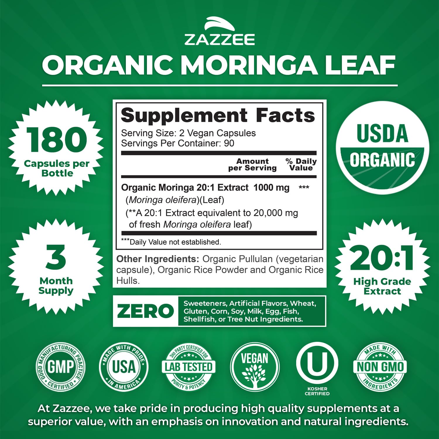 Zazzee Organic Moringa Extract capsules close-up