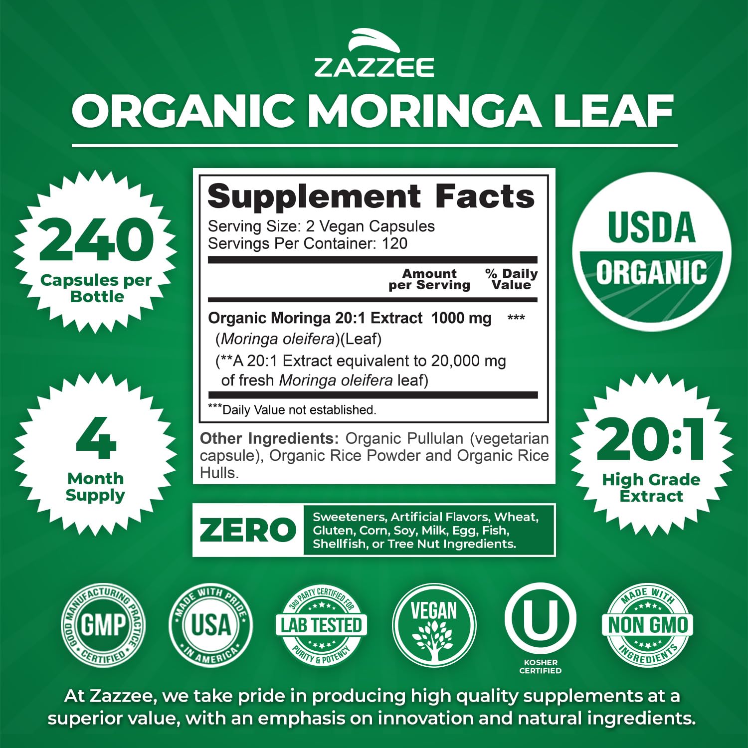Zazzee Organic Moringa Extract capsules close-up