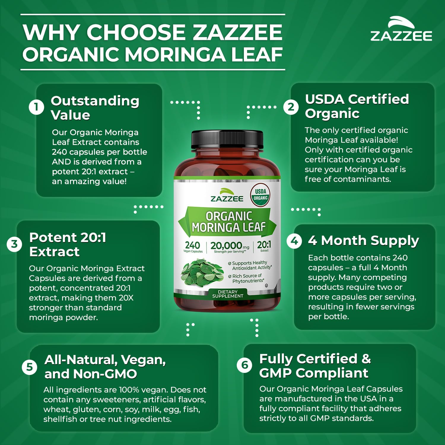 Zazzee Organic Moringa Extract capsules on a wooden surface
