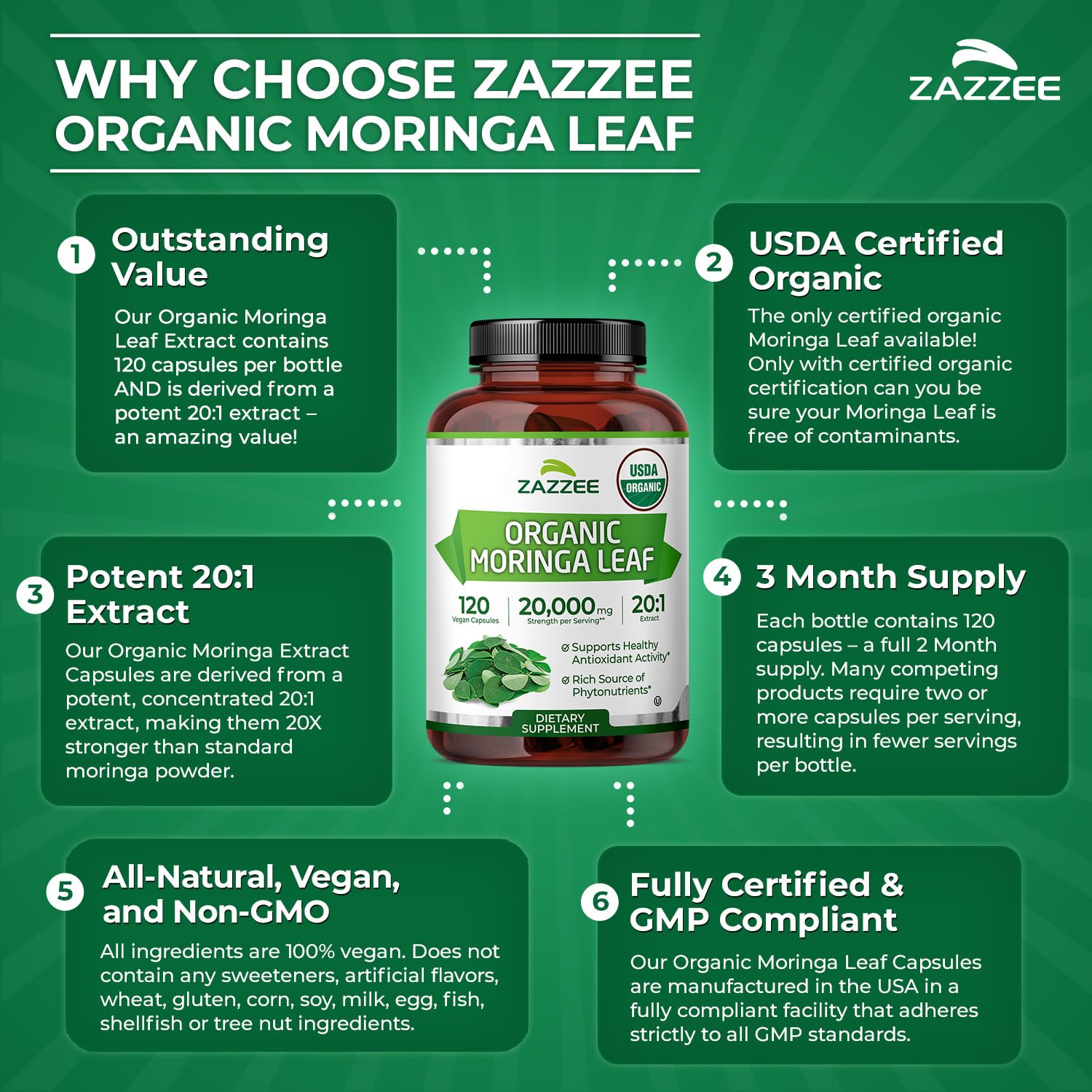 Zazzee Organic Moringa Extract packaging details