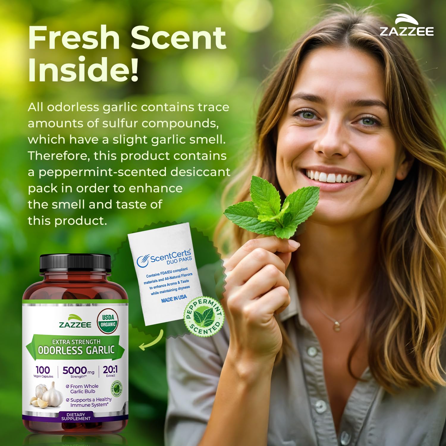 Zazzee Organic Odorless Garlic Extract bottle with cap