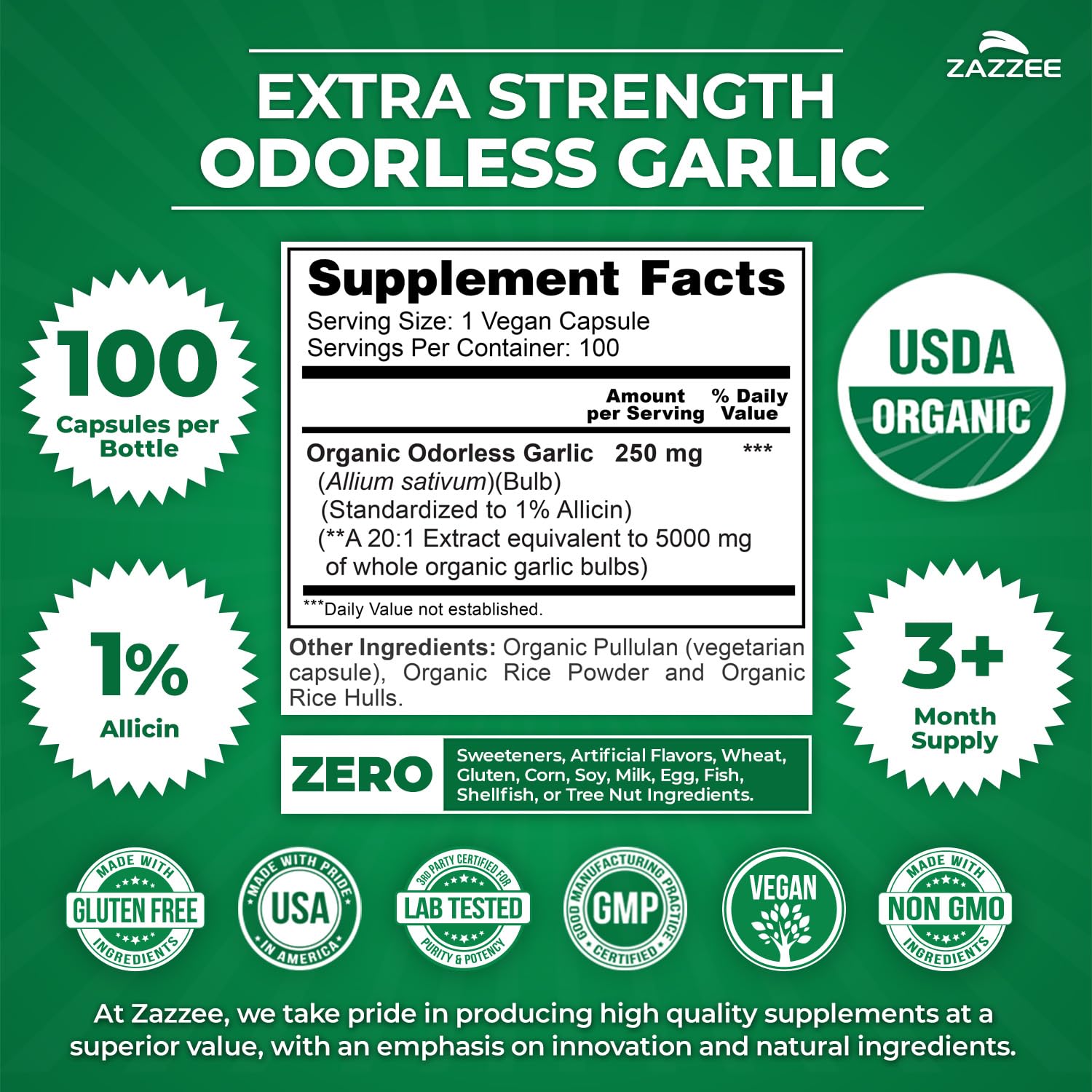 Zazzee Organic Odorless Garlic Extract capsules close-up