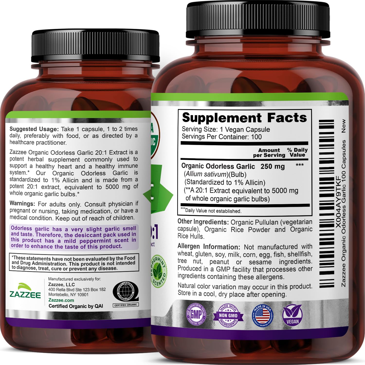 Zazzee Organic Odorless Garlic Extract packaging details