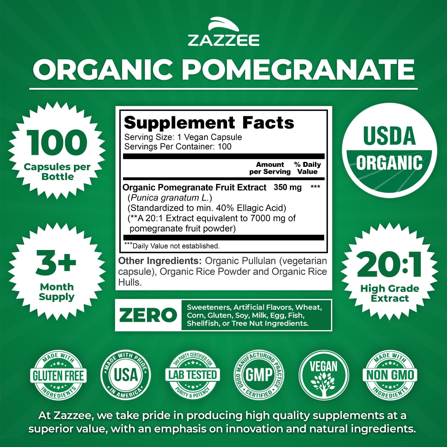 Zazzee Organic Pomegranate Extract capsules close-up