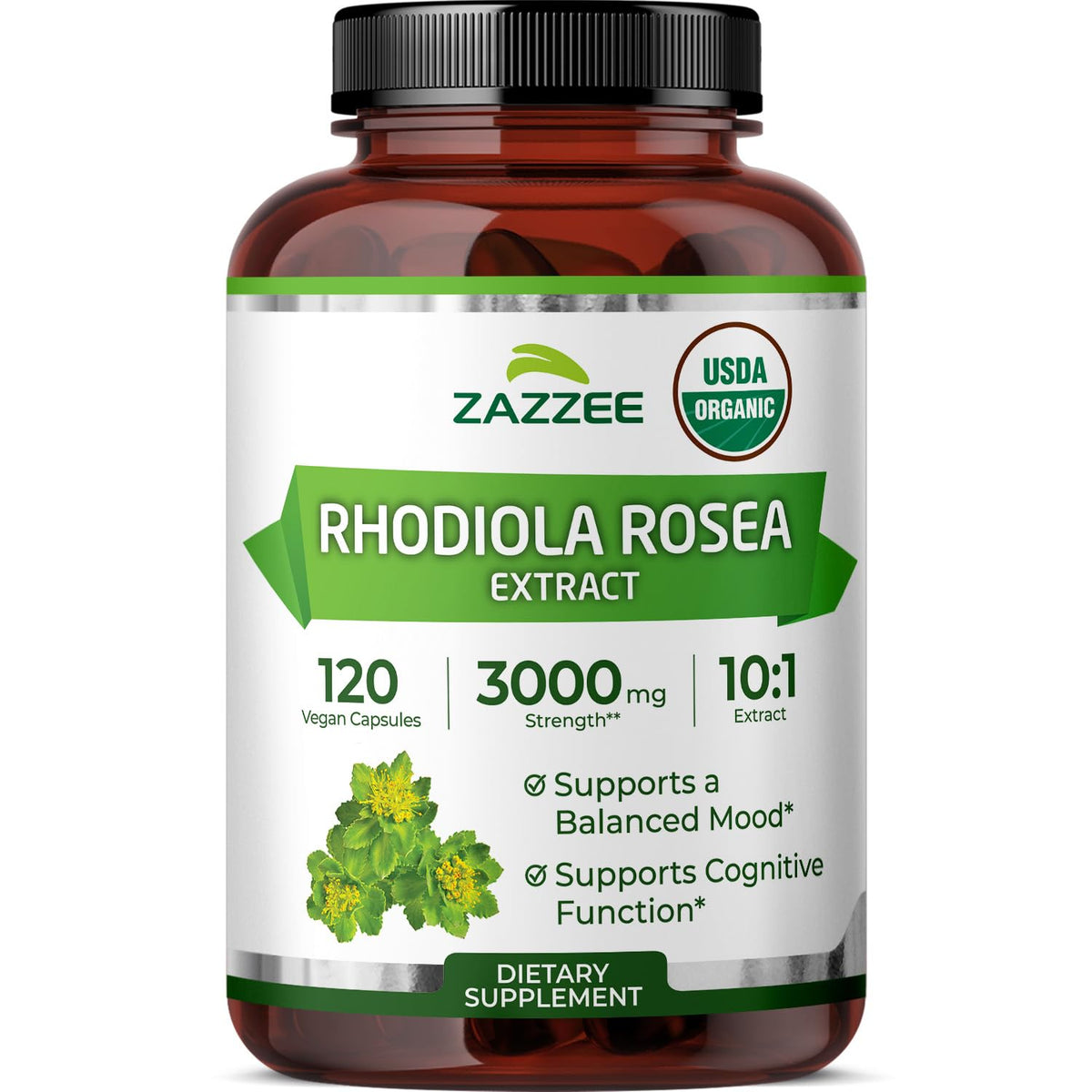 Zazzee Organic Rhodiola Extract 120 capsules front view