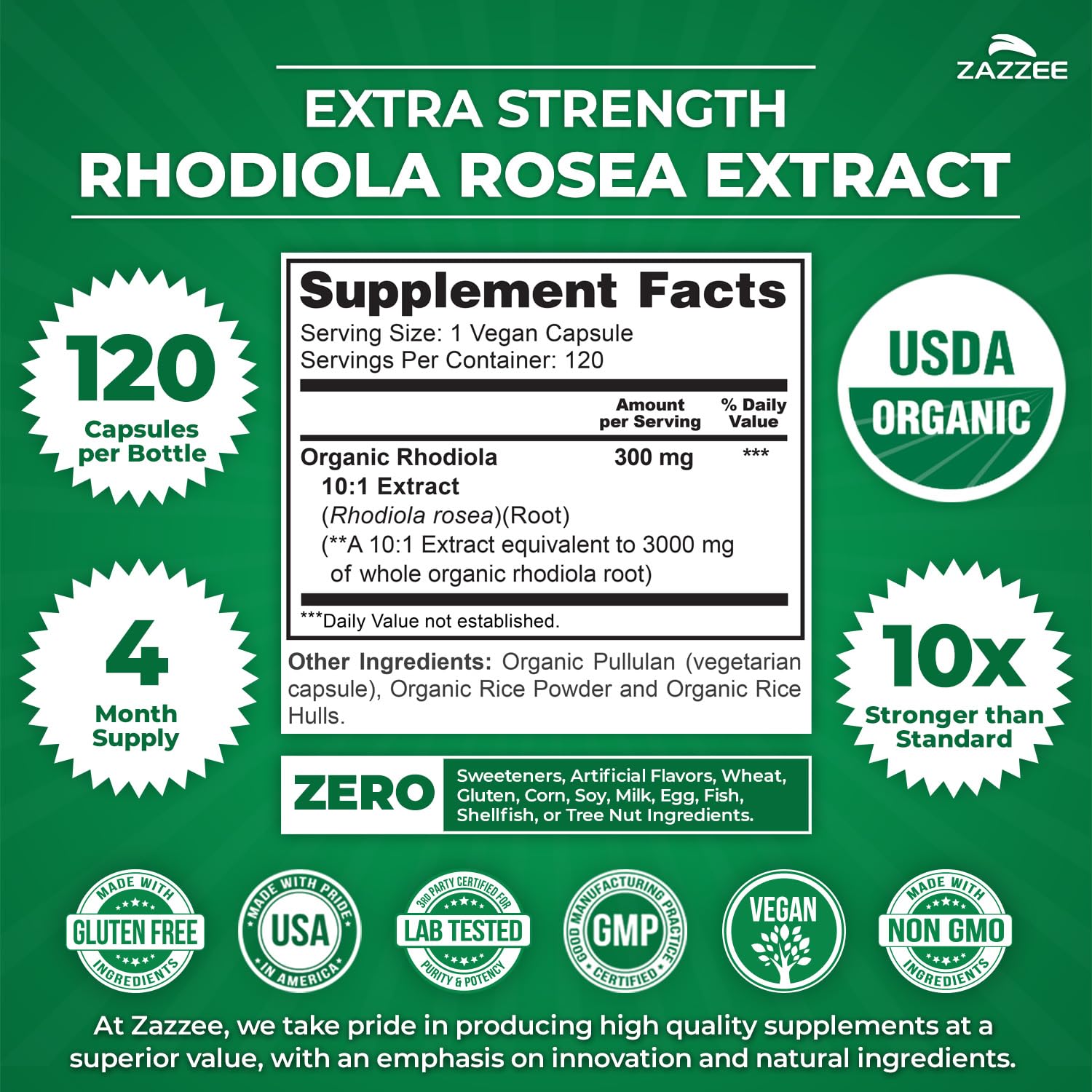 Zazzee Organic Rhodiola Extract capsules on a wooden surface