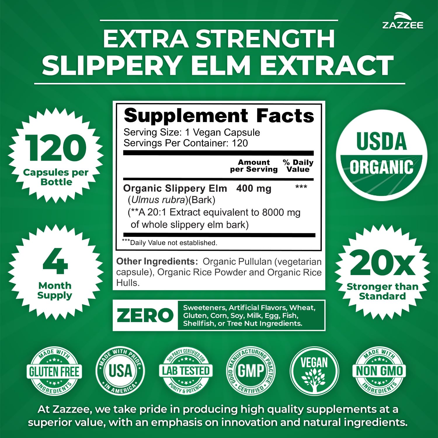 Zazzee Organic Slippery Elm Extract bottle side view