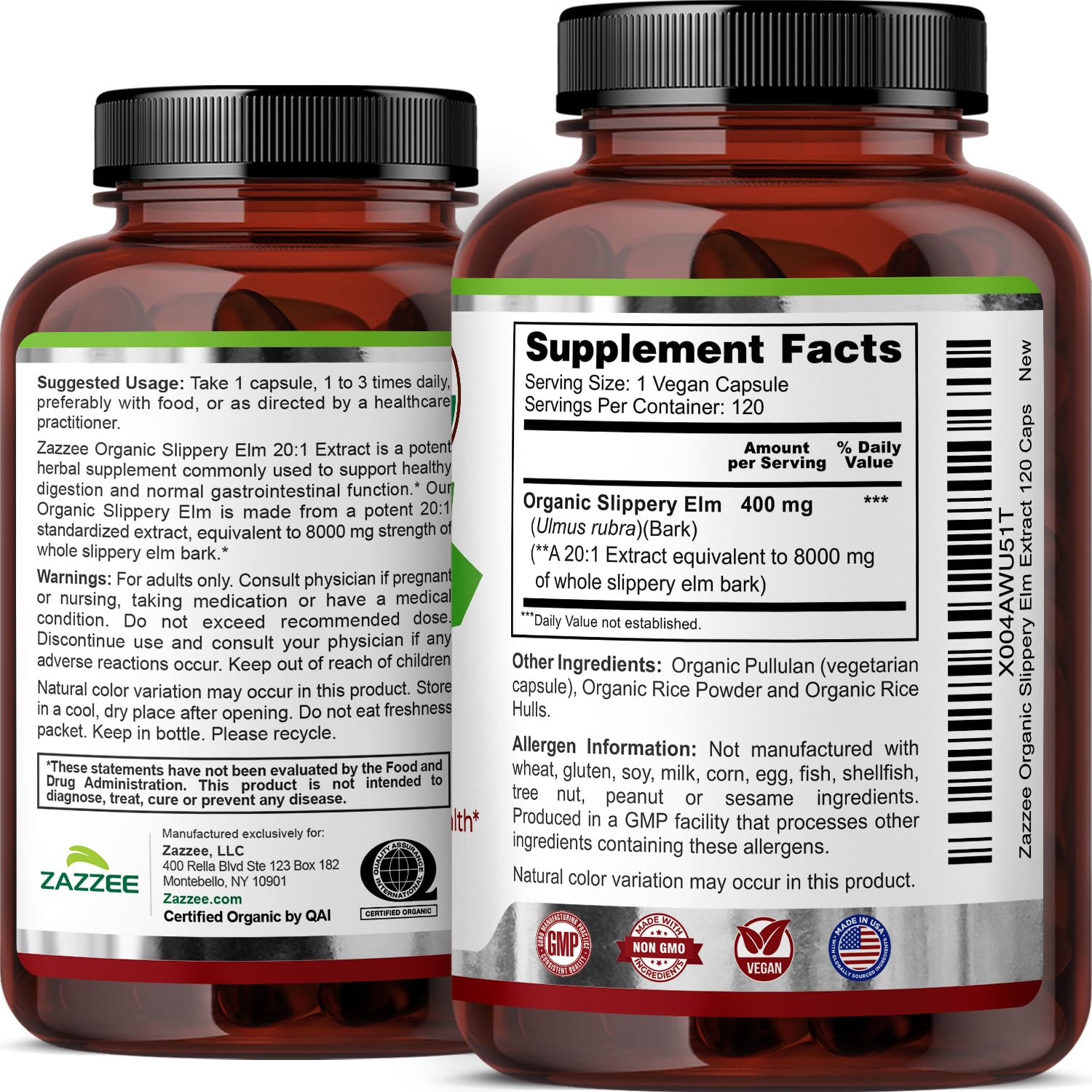 Zazzee Organic Slippery Elm Extract bottle with nutrition facts