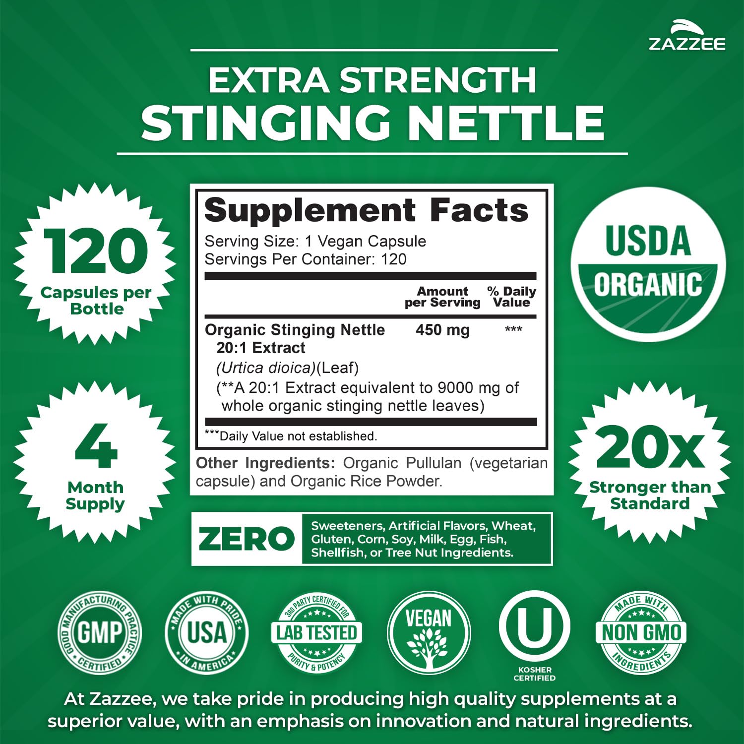 Zazzee Organic Stinging Nettle Extract capsules on white background