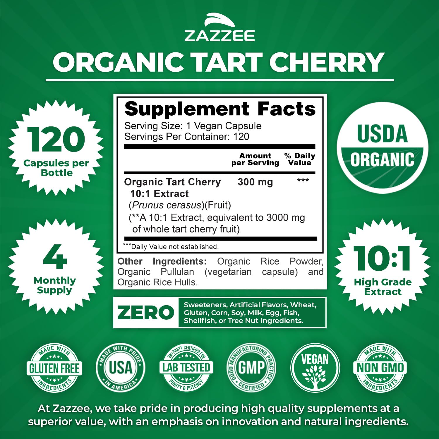Zazzee Organic Tart Cherry Extract Capsules with ingredients list
