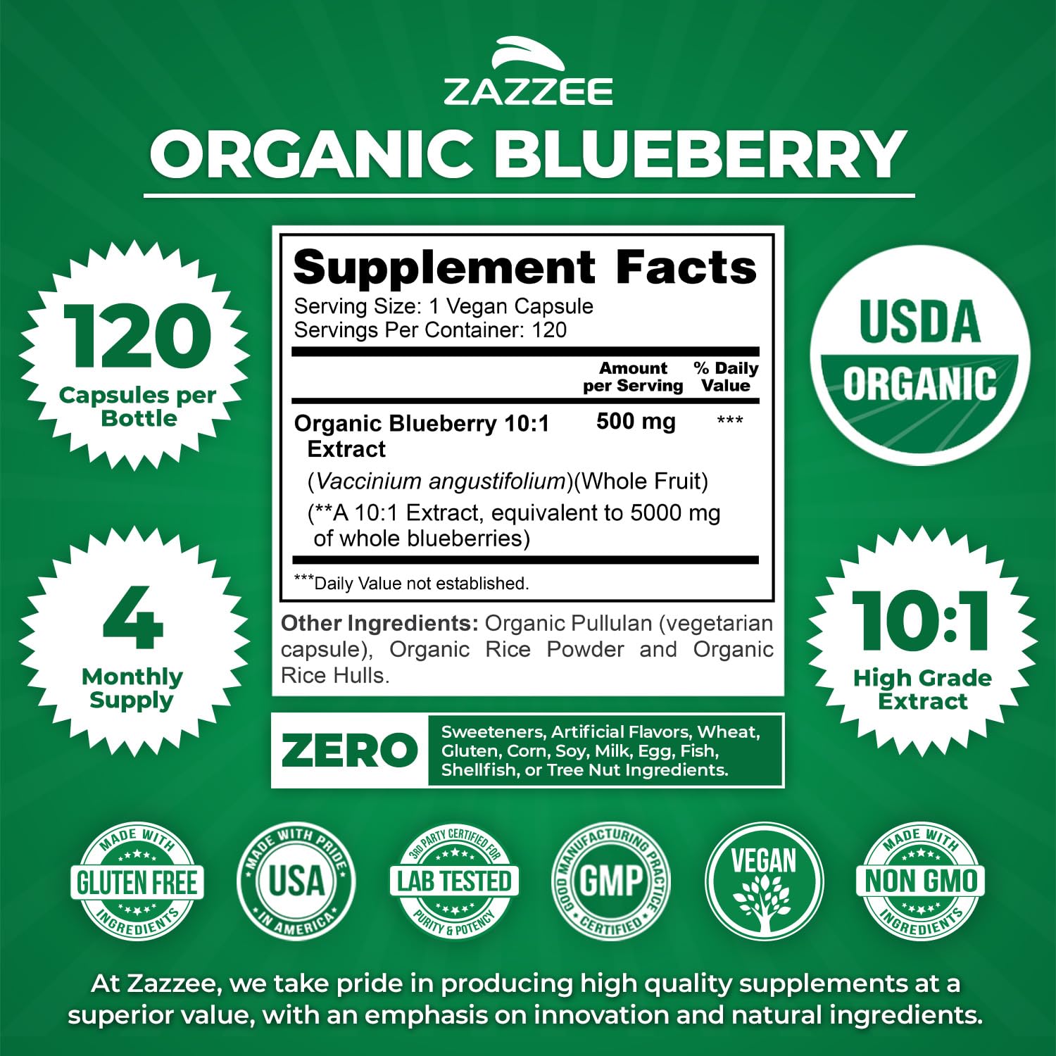 Zazzee Organic Wild Blueberry Extract capsules close-up