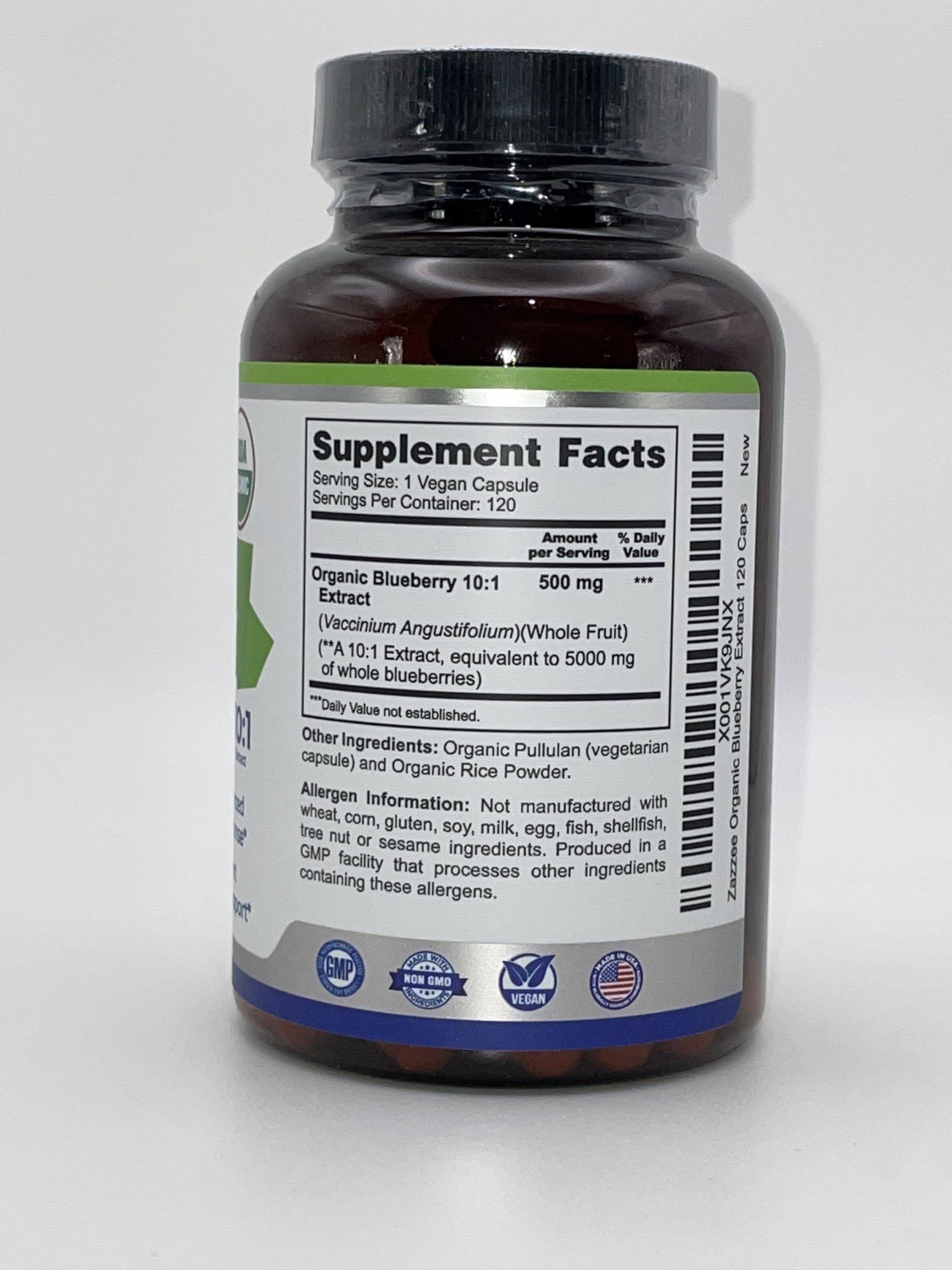 Zazzee Organic Wild Blueberry Extract product packaging details